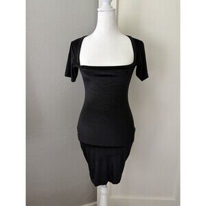 Vintage 90s Isaia NYC Black Velvet Bodycon Mini Dress S Square Neck Cocktail LBD